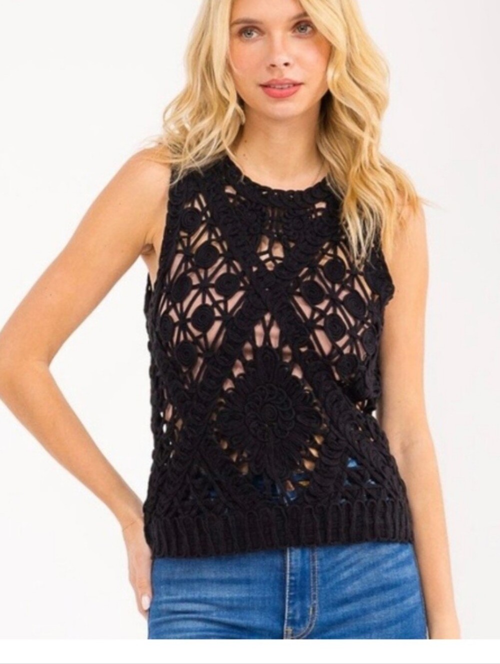 Sleeveless Black Crochet Tank Top